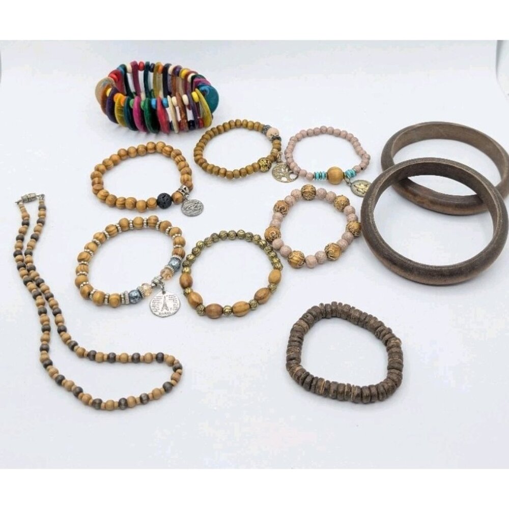 11 pc Bundle wood beaded charm jewelry necklace & bracelets wearable men & women